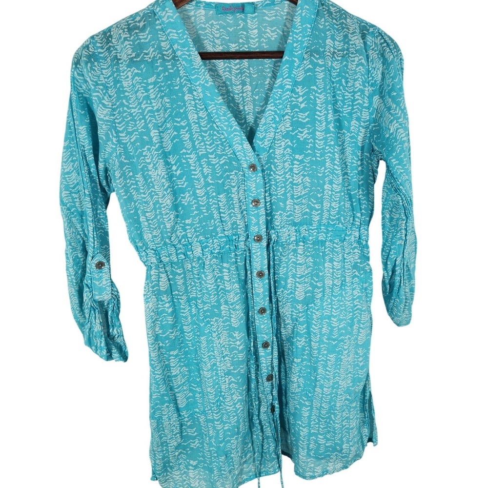 Fresh Produce Aqua‎ Crinkle Cotton Tunic Button Front Drawstring Waist Size XS